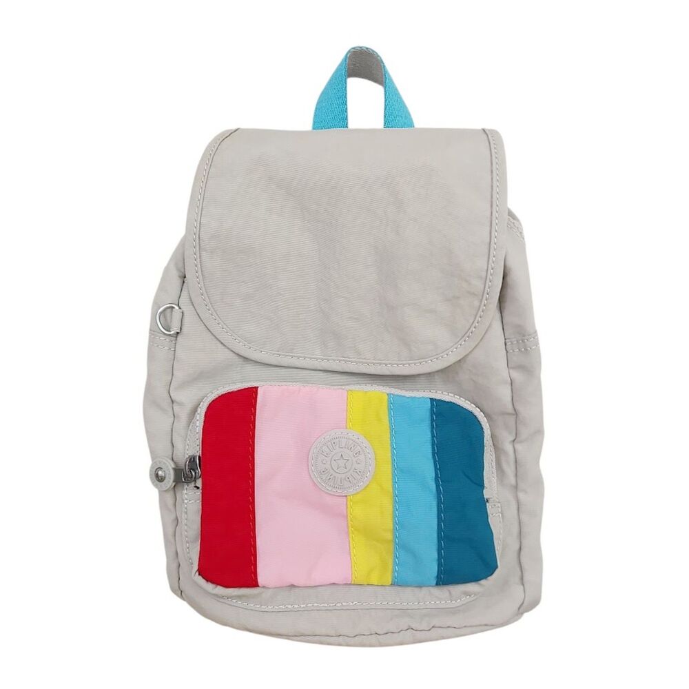 Kipling Marigold Small Rainbow Backpack Stripe Light Gray Nylon Travel School